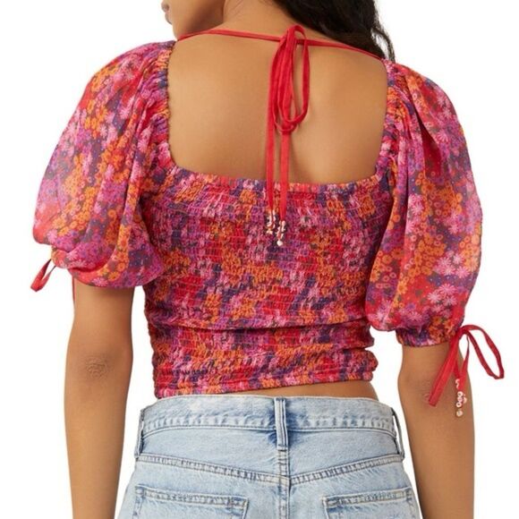 Free People Boho Smocked Back on Top Puff Sleeve Crop Top NWT Women's Large - Picture 3 of 7